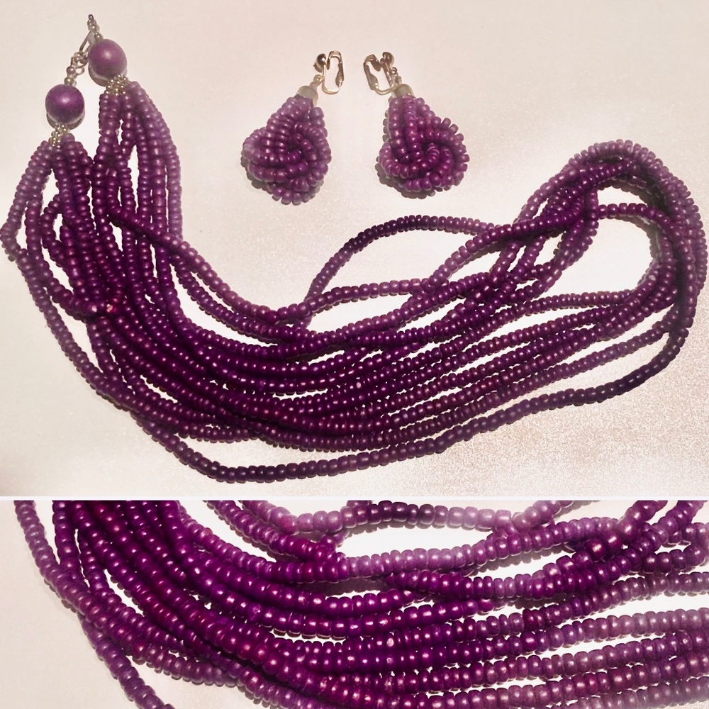 Eggplant Purple Multi-Strand Beaded Necklace and Earrings Set